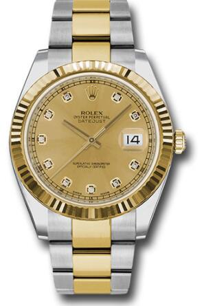 Replica Rolex Steel and Yellow Gold Rolesor Datejust 41 Watch 126333 Fluted Bezel Champagne Diamond Dial Oyster Bracelet